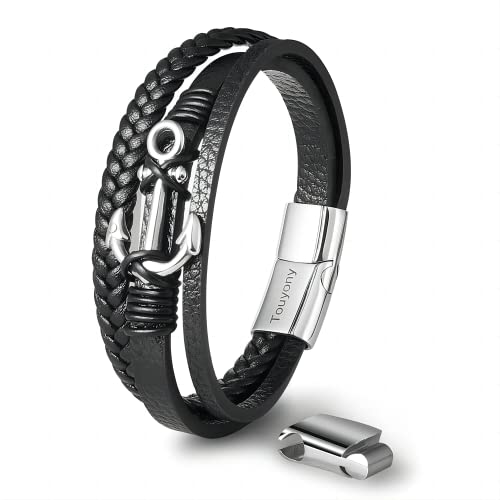 Men's Anchor Leather Bracelet Stainless Steel Anchor Design with Braided Leather Wristband Stylish Gift for Son Boyfriends Husband - Unique Braided Leather Bracelet gift for Men