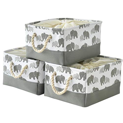 Inough Set of 3 Storage Bins,Fabric Elephant Storage Basket for Toys Clothes Towel Organizer, Collapsible Laundry Basket with Rope Handle,(Large - 16 x 12.2 x 8.3inches)