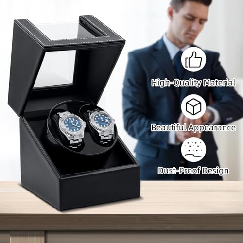 Image of Double Automatic Watch Winder Box, Automatic Watch Display Storage Rotation Wristwatch Box with 2 Slots-Black (CLASSIC)
