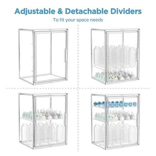 Image of HBlife Baby Bottle Storage Organizer for Countertop Cabinet, 3 Tiers Adjustable Clear Acrylic Bottles Storage Station Case Box Container with 2 Removable Dividers and Magnetic Door, Large
