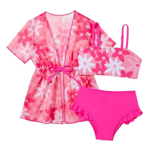 Toddler Baby Girls Swimsuit 3 Piece Cute Floral Print Spaghetti Strap Bathing Suits with Cover Up Quick-Dry Swimwear