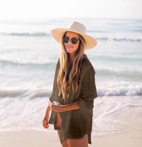 Image of Zoye Chen Women's Bikini Swimsuit Cover Up Button Down V Neck Shirts Long Sleeve Blouse Beachwear Bathing Suit