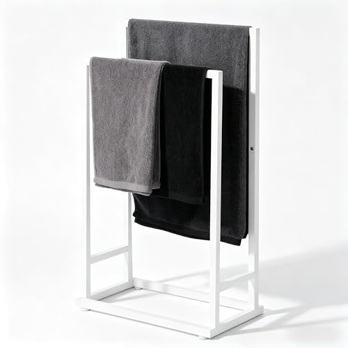smusei Porte Serviette Salle de Bain sur Pied en métal Porte-Serviettes sur Pied 2 Barres 41 x 21 x 74 cm, Blanc Mat Porte Serviette sur Pied