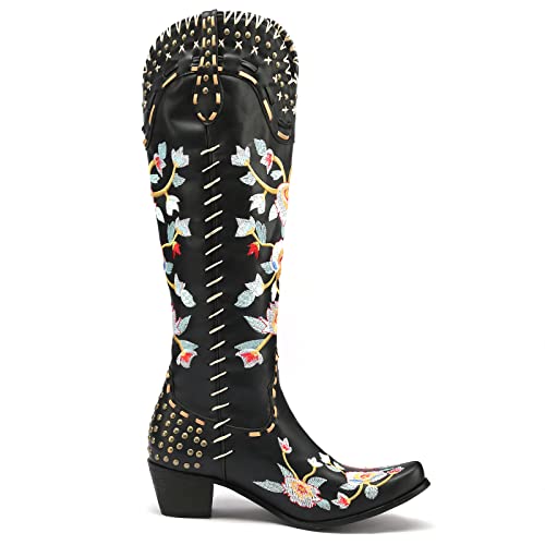 Image of YIYA Women's Star Cowboy Boots Black and White Cowgirl Boots with White Stars Pointed Toe Chunky Low Heel Pull-On Wide Calf Western Embroidered Boots