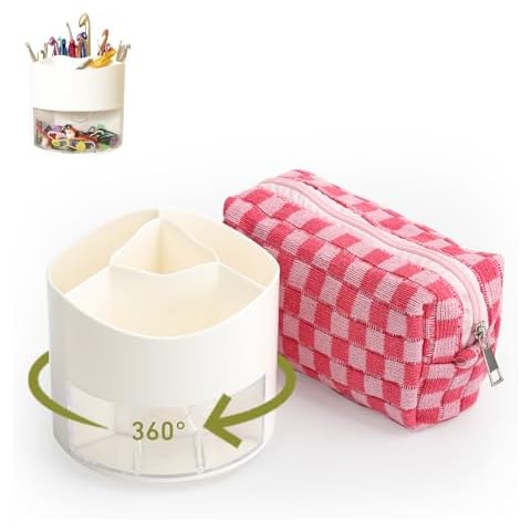 YOJOB Crochet Hook Case & Bag Combo, 360° Rotating Crochet Hooks Holder for Craft Table, Plus an On-the-go Crocheting Project Organizer Bag Cover