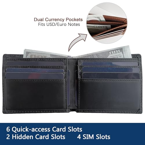 Men's Slim RFID Blocking Leather Wallet - Full Grain Bifold with 6 Card Slots & Hidden Pockets | Front Pocket Design (4.3") | Matte Black Business Gift Box3