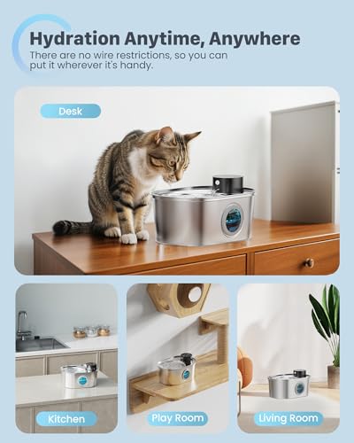Wireless Cat Water Fountain Battery Operated Stainless Steel Pet Fountain Automatic Cordless Water Dispenser Indoor Metal Faucet Bottle for Drinking Rechargeable Dog Water Bowl  Cucciolini Doodles Wireless cat water fountain battery operated stainless steel pet fountain automatic cordless water dispenser indoor metal faucet bottle for drinking rechargeable dog water bowl   cucciolini doodles