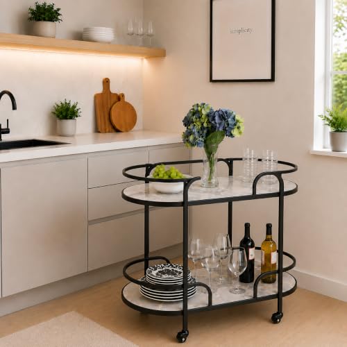 Image of Modern 2-Tier Bar Cart with Marble Tops & Metal Frame - Rolling Serving Coffee Table with Wheels, Storage Shelf for Living Room, Kitchen & Dining Room (Black Grey)