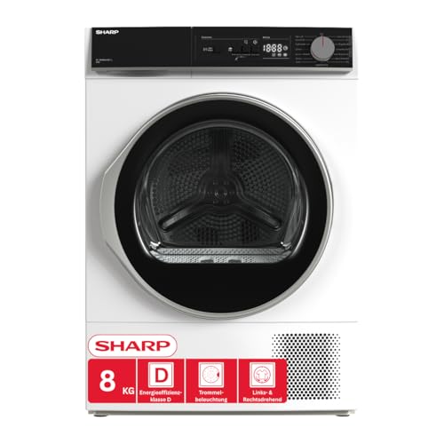 SHARP KD-NHA8S6GW1D-DE Wärmepumpentrockner 8 kg, LED Display, BubbleDrum, Knitterschutz, Trommelbeleuchtung, 15 Programme inkl. BabyCare und Jeans, Super Silent, Energieeffizienzklasse D