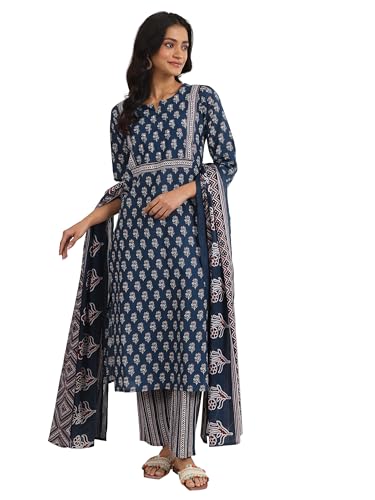 Image of Libas Printed Cotton Straight Kurta with Trouser and Dupatta