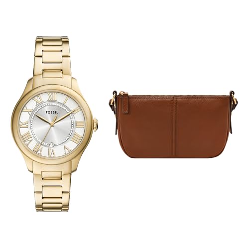 Fossil Mujer Reloj de Acero Inoxidable Dorado Gilmore y Bolsa Jolie Marrón, Set