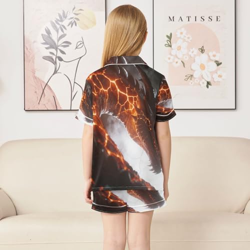 Satin Pajama Sets Short Sleeve Fiery Dragon with Glowing Veins Button Down Silky Nightwear 2 Piece PJS 5-14Y4