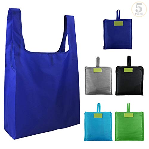 Vila Reusable Grocery Shopping Bags, Easy To Carry, Folds Up Small, Keep Plastic From Our Oceans and Beaches, A Gray, Lake Blue, Navy, Green, and Black Bag for Quick Organizing, 5-Pcs