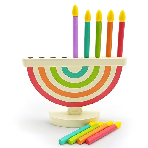 The Dreidel Company Wooden Hanukkah Menorah for Kids Chanukah Set with 9 Removable Multicolored Candles Storage Bags Educational Color Toy (Single)
