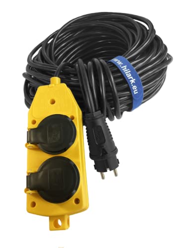 Cable alargador Hilark - 3 Hilos 2,5 mm2 - IP44 con Clavija Schuko H05VV-F 3g2,5 mm2 (3x2,5) 230 V 4 Tomas Schuko con Tapa Protectora Cable eléctrico de PVC (50 m, Bloque de Tomas Schuko Amarillo)