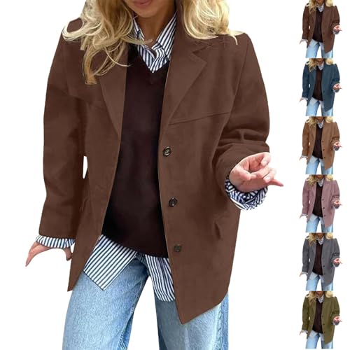 HUIFUAO Wildlederjacken für Damen, Übergröße, Kunstleder-Blazer, langärmelig, Button-Down-Revers, Anzugjacken, Herbst und Winter, elegante trendige Mäntel, Oberbekleidung mit Taschen, braun, M HUIFUAO Wildlederjacken für Damen, Übergröße, Kunstleder-Blazer, langärmelig, Button-Down-Revers, Anzugjacken, Herbst und Winter, elegante trendige Mäntel, Oberbekleidung mit Taschen, braun, M