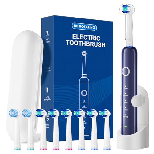 Image of Rotating Electric Toothbrush for Adults, 8 Brush Heads (2 Types) & Travel Case, 5 Cleaning Modes Rechargeable Power Toothbrush with 2-Minute Smart Timer, Black