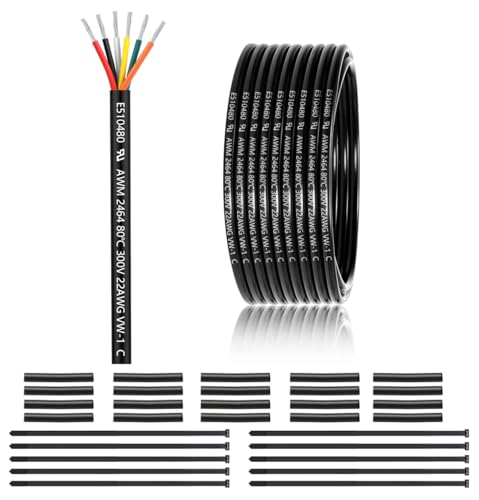 22 Gauge 6 Conductor Electrical Wire 50FT, UL 2464 22 AWG 6 Wire Cable Tinned Copper PVC Stranded 22/6 Core Wire for LED Lighting, Outdoor Low Voltage Extension Cable, Automotive etc.