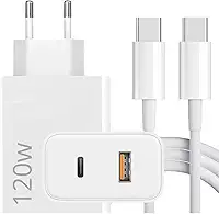 Carregador Super Turbo 120W Tipo C Porta Dupla (USB-C + USB-A) + Cabo USB C de 1m, Compatível com Iphone,Ipad,Android, Tablets, Notebooks Ultra Rapido Premium