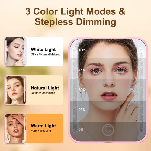 Benbilry Mini Compact Travel Makeup Mirror With Light, Rechargeable Pocket Mirror With 3 Led Dimmable Colors & 1X/3X Magnification, Magnetic Closing Memory Small Purse Mirrors, Gift For Women, Pink #TOP2