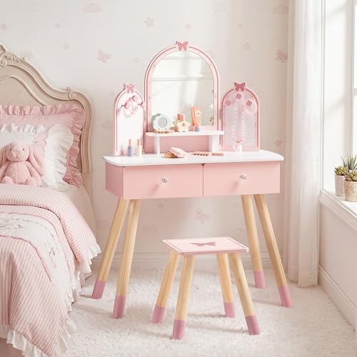 ROBUD Kinder Schminktisch mit Hocker: Mädchen kinderschminktisch mit Spiegel Rollenspiel Schminktisch für Kinder Frisiertisch mit Schublade und Zubehör für Kinderschminke ab 3 Jahren (Rosa)