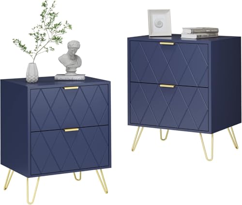 UEV Lot de 2 Table à Chevet, Table de Nuit, Table d’Appoint avec 2 Tiroirs, avec Manches et Pieds en Couleur Doré, Style Moderne, Scandinave pour Salon,...