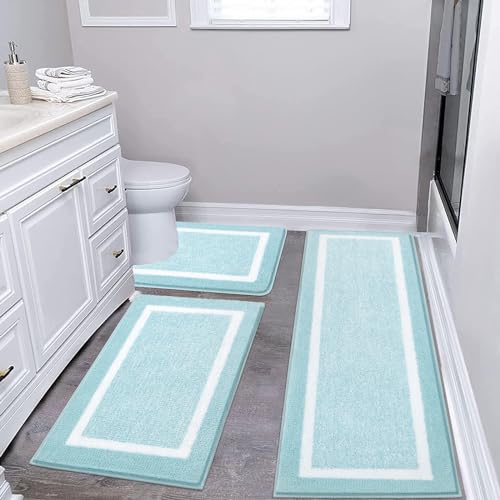 Pauwer 3-Piece Bathroom Shower Rug Set with U-Shaped Contour Toilet Mat, Absorbent Microfiber Plush Bath Mats, Non-Slip, Machine Washable Shaggy Bathroom Floor Mats, Light Blue