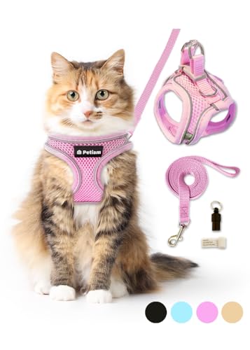 (シリーズ累計2万個突破) Petiam 猫 ハーネス リード 猫用 抜けない ダブルロック リードセット 迷子札付き お散歩セット (ピンク, L)