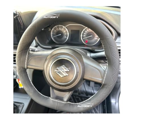 Image of Black with White Stitch Leather Steering Wheel Cover Universal Fit Anti Slip Breathable Comfortable Grip Durable & Stylish for Cars Easy Install Long Lasting ProtectionNon SlipDesign.