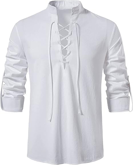 Enlision Camisa Pirata vikinga Camisas de Lino y algodón para Hombre con Cordones Disfraz Punk renacentista Medieval con cordón Blanco 2XL