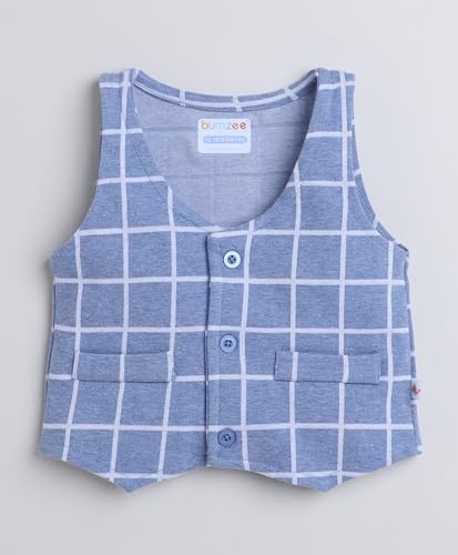 Image of BUMZEE Beige & Navy Boys Full Sleeves Shirt Waistcoat & Pant Set with Applique Bow (Peb8050)