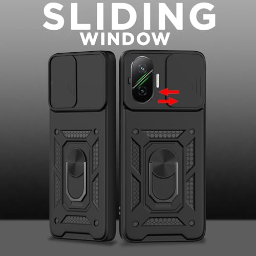 Image of Pikkme Back Cover for Poco F7 5G | D10 Tough Armor | 360 Protection Case | Sliding Camera Shield Cover & Ring Holder Stand Bumper Case (Black)