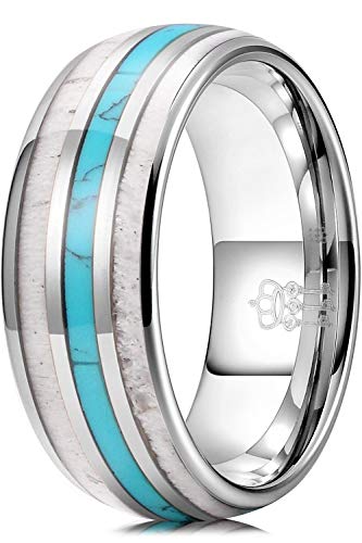 THREE KEYS JEWELRY 6mm 8mm Tungsten Wedding Ring Koa Wood Antler Calaite Inlay Vikings Hunting Band/Customized Ring