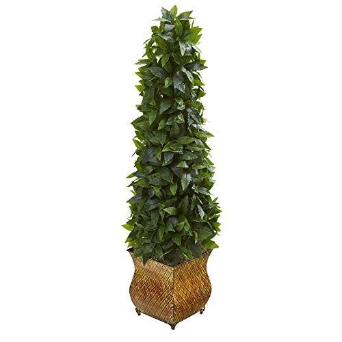 Nearly Natural 38in. Sweet Bay Cone Topiary Artificial Decorative Metal Planter Silk Trees, Green #1