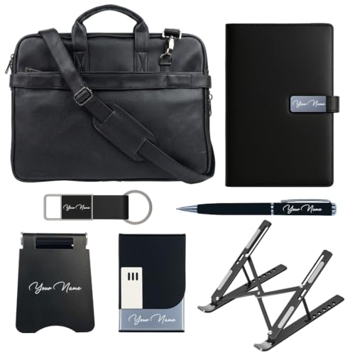Image of Giftana 7 in 1 Laptop Bag and Laptop Stand with Personalized Diary & Pen, Keychain, Card Holder, Mobile Stand Set, Customized Gift for Husband, Employee Welcome Kit, Corporate Gift for Employees (Black)