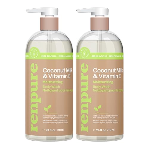 Renpure Coconut Milk & Vitamin E Moisturizing Body Wash - Gently Cleanses & Restores Moisture Balance - For Soft, Hydrated & Healthy-Looking Skin - With Coconut Oil & Vitamin E - 24 Fl Oz, 2 Pack