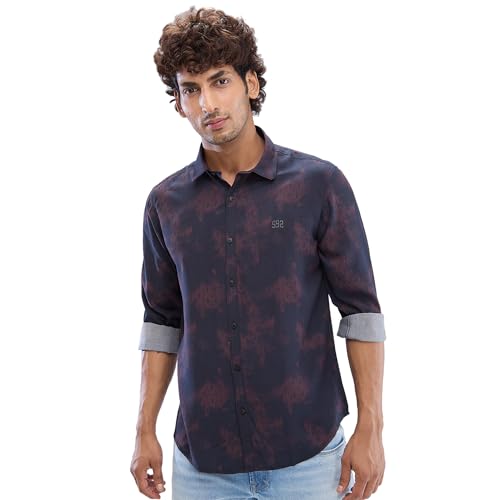 Image of Spykar Full Sleeve Slim Fit Printed Red Shirts for Men (Size: 3XL)-MSHPS2BD055-Plum Red