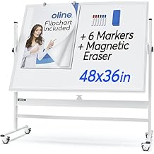 Oline Mobile Whiteboard 48 x 36 Inch Large Height Adjust 360 Magnetic Rolling Double Sided Reversible Dry Erase Board 48x36, White & Silver