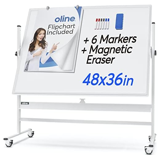 Oline Mobil whiteboard – 48 x 36 stor höjd justerbar 360° rullande dubbelsidig torr raderings bräda, magnetisk vit bräda på hjul, kontorsklassrum bärbart staffli med stativ, flipbordshållare och dyna