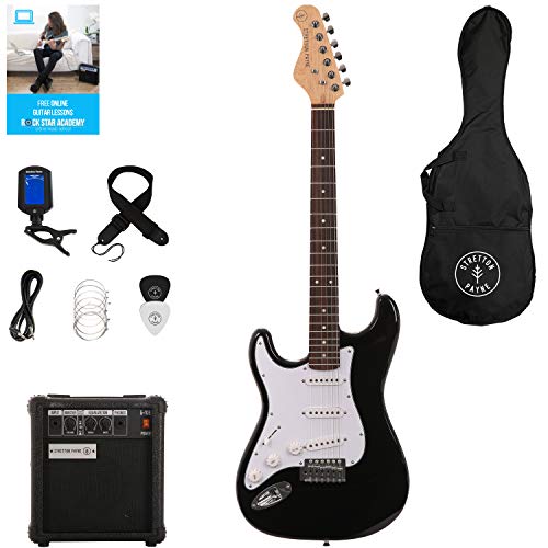 Stretton Payne Zurdo ST Guitarra Eléctrica Pack con amplificador de práctica, bolsa acolchada, correa, plomo, plectrum, sintonizador, cuerdas de repuesto. Guitarra en Negro Cover