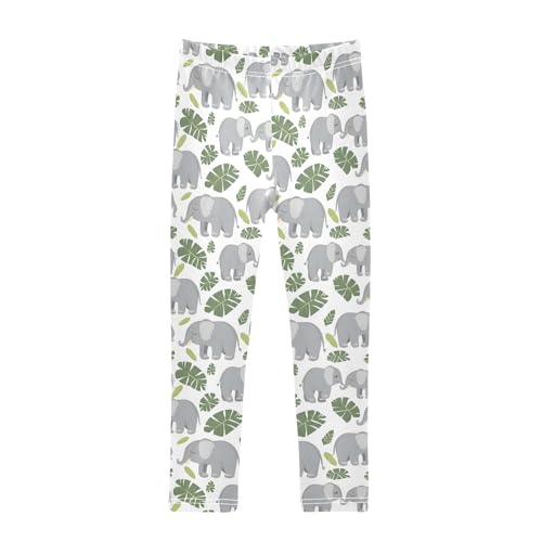 Elephant Tropical Leaves Girls Leggings Kids Yoga Pants Athletic Tights Pants 4-10 Years