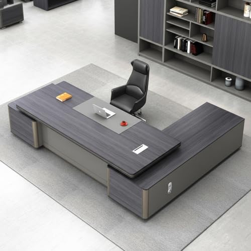 Image of Premium Modern L-Shaped Director Table with Matte Grey Wood Finish, Built-in Wire Managert & Executive Contemporary Design (LDL-762 MDFL L6W3)