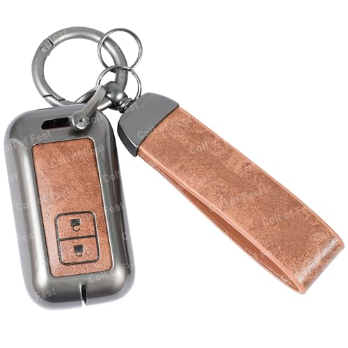 Image of Premium Metal PU Leather Car Key Cover Compatible with Maruti Suzuki jimny Baleno Grand Vitara XL6 Swift New Brezza 2022 Ertiga Dzire 2 Button Flip Smart Key Metal Enclosure with Keychain