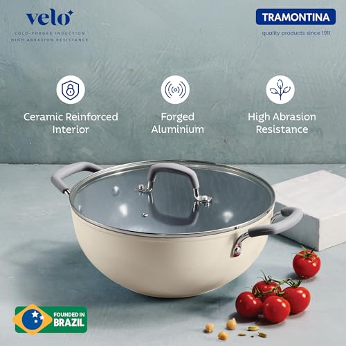 Image of Tramontina Velo 32cm / 8.0L Forged with Ceramic Reinforced Interior Kadai | Tempered GlassLid | Kadhai for Curry Deep-Fry Stir-Fry | Silicone Grip Handles | Gas /Induction | Cook & Serve | Sand Beige