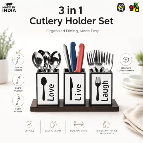 Image of GKD Wooden Spoon Holder for Kitchen Counter, 3 Section Cutlery Stand Organizer for Spoon Knife Fork, MDF Wood Utensil Holder with Base for Dining Table & Kitchen (Made in India) (Love Laugh)