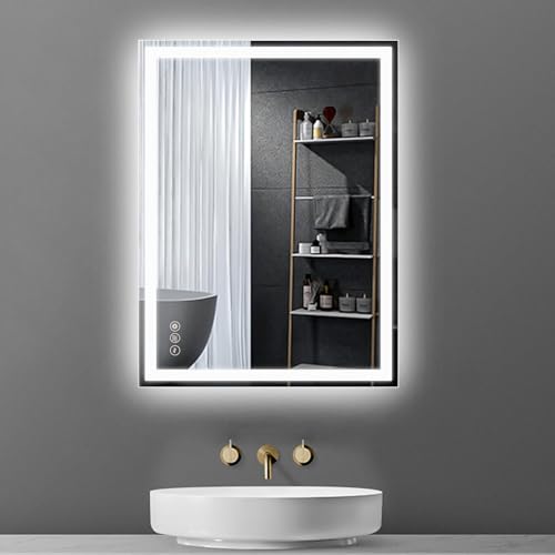 AI-LIGHTING Bathroom Mirror with Lights, Wall Mounted Multifunction Bathroom Vanity Mirror Anti-Fog Energy-Saving LED Smart Mirrors 45x60cm