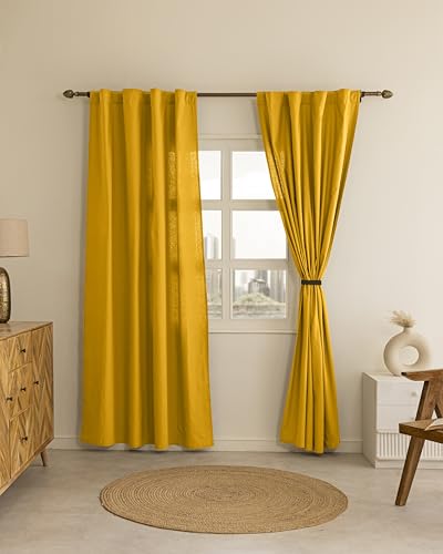 Image of THE LINEN COMPANY Solid Curtains 6.5 Feet Long, Cotton Duck Canvas Window Drapes for Living Room, 6.5ft Set of 2, Mustard