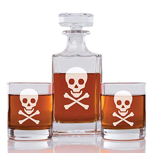 Abby Smith Skull Poison Engraved Decanter and Rock Glasses, Set of 3