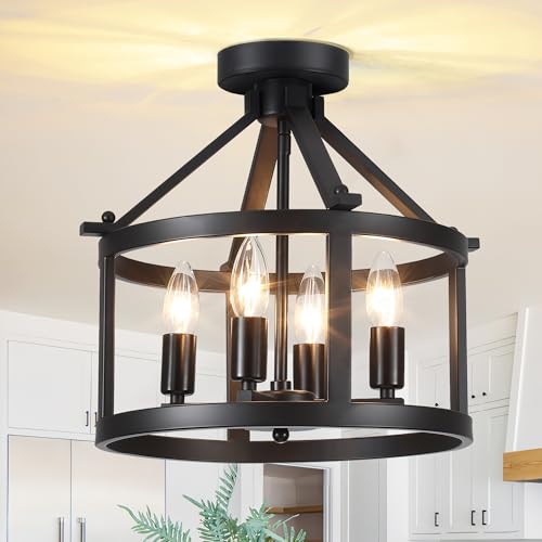 Image of Yidelloc Black Farmhouse Ceiling Light Rustic Chandeliers Pendant Light Fixtures Round Cage Chandelier 4 Lights E12 Base Vintage for Dining Room Kitchen Entryway Hallway Foyer