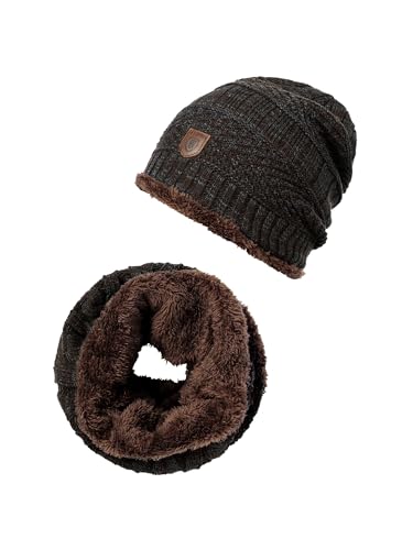 Indicode Unisex Siracusa Winter-Set Mütze & Schal | Strick Wintermütze Winterschal Dk Brown One Size